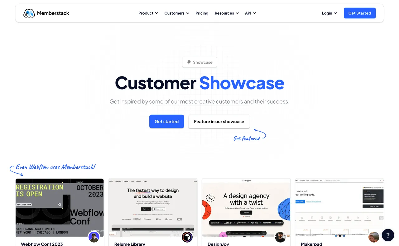 Brand example from Webflow showcasing social proof