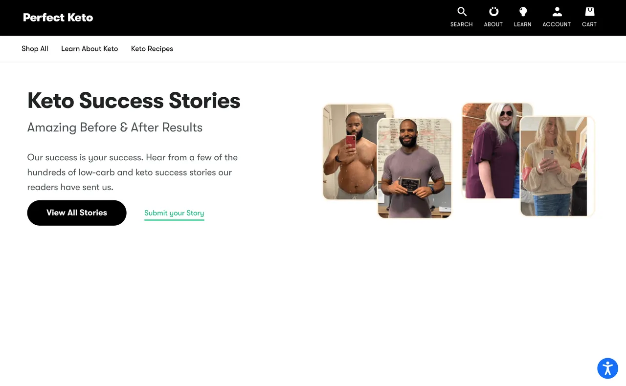 Brand example from Perfect Keto showcasing social proof