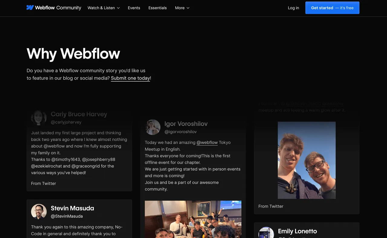 Brand example from Webflow showcasing social proof