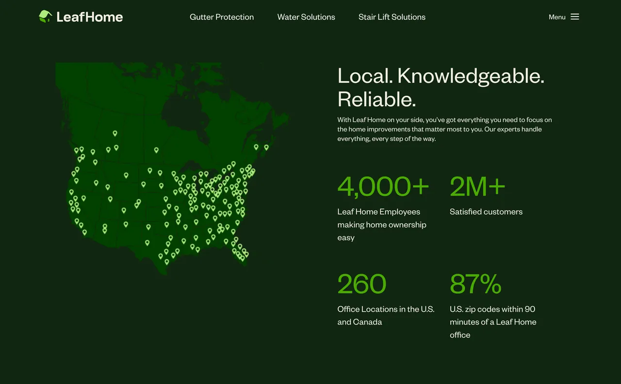 Brand example from LeafHome showcasing social proof