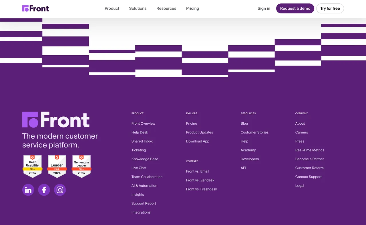 Brand example from Front showcasing social proof