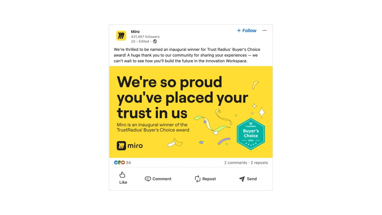 Brand example from Miro showcasing social proof