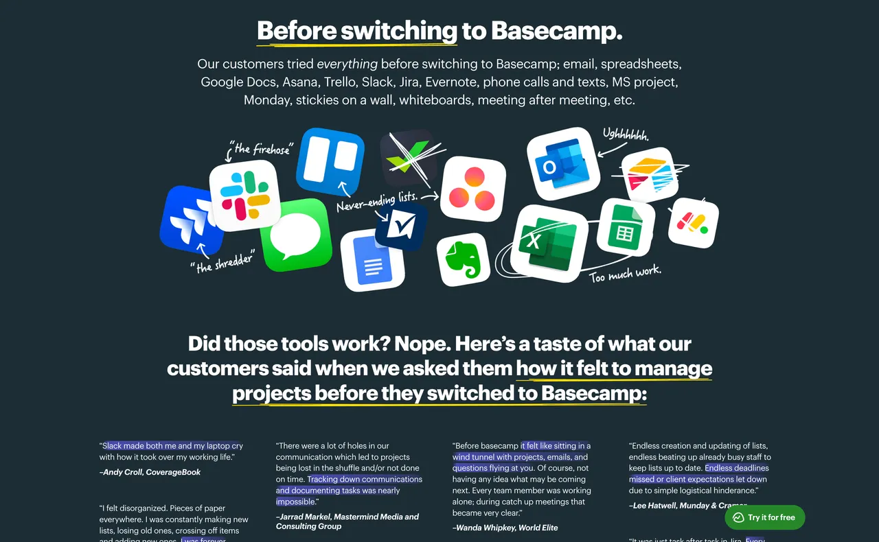 Brand example from Basecamp showcasing social proof