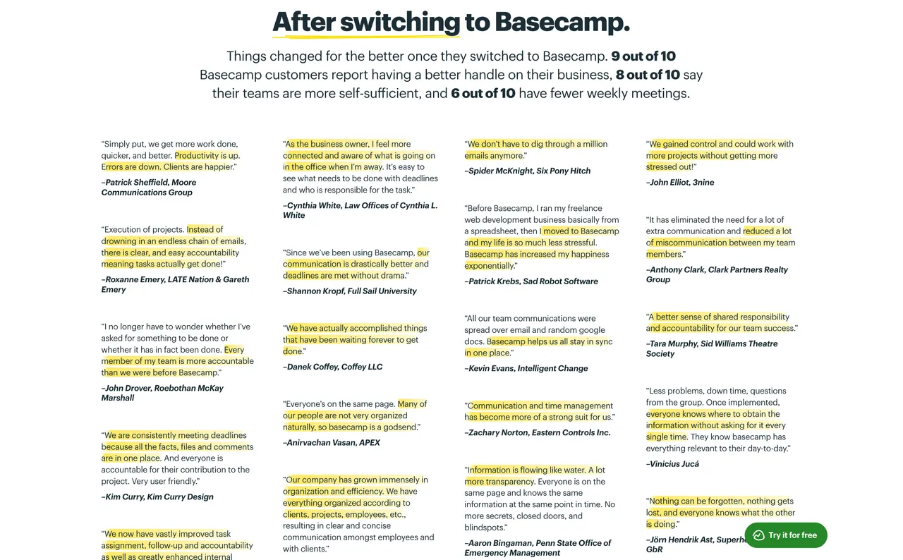 Brand example from Basecamp showcasing social proof