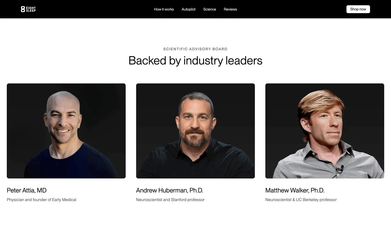 Brand example from Eightsleep showcasing social proof