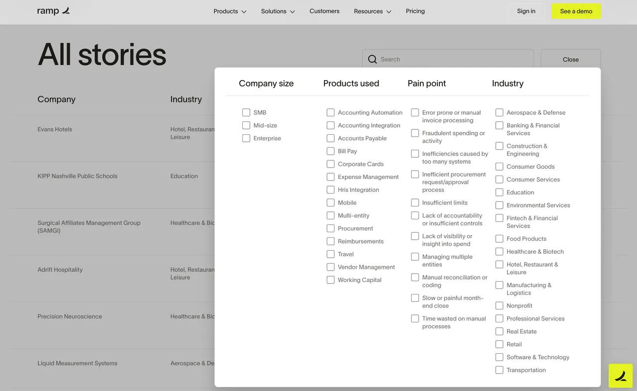 Brand example from Ramp showcasing social proof