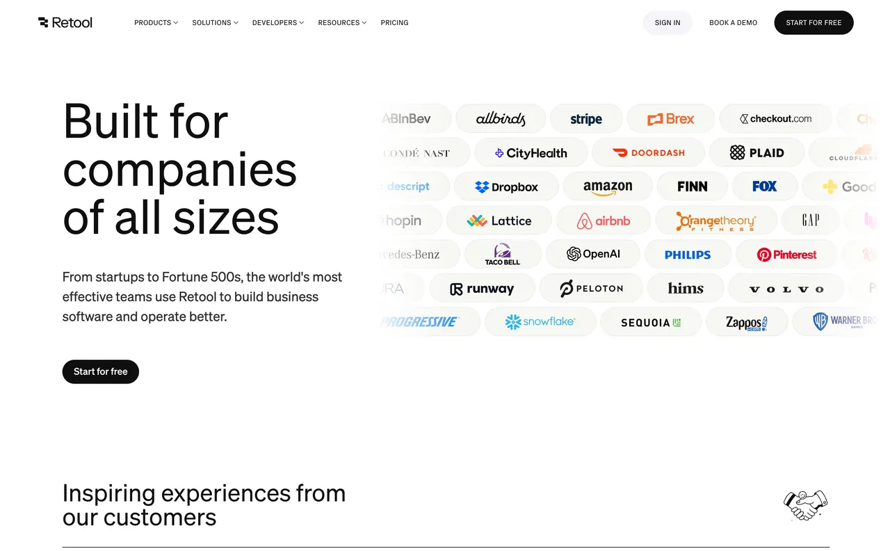 Brand example from Retool showcasing social proof