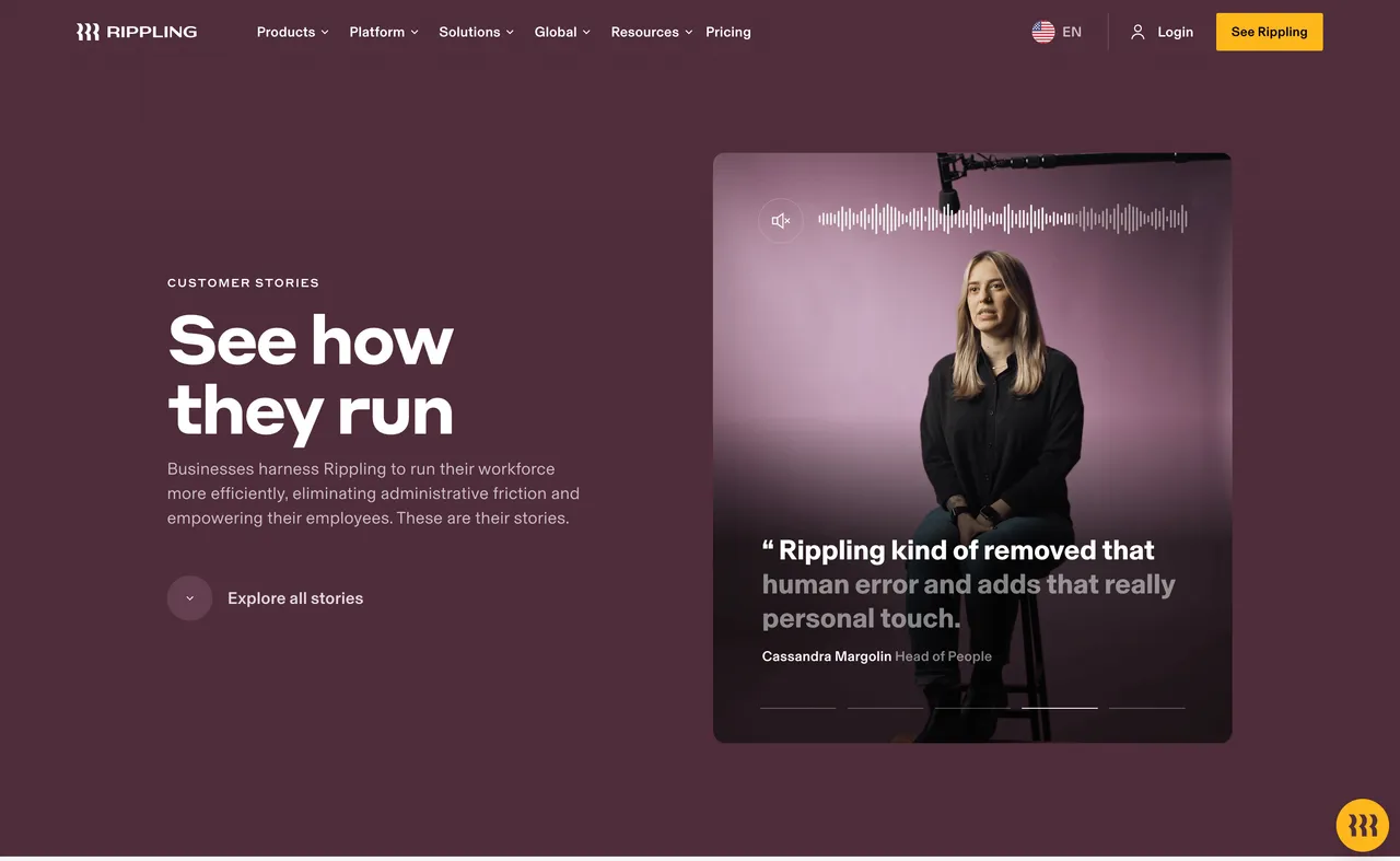 Brand example from Rippling showcasing social proof