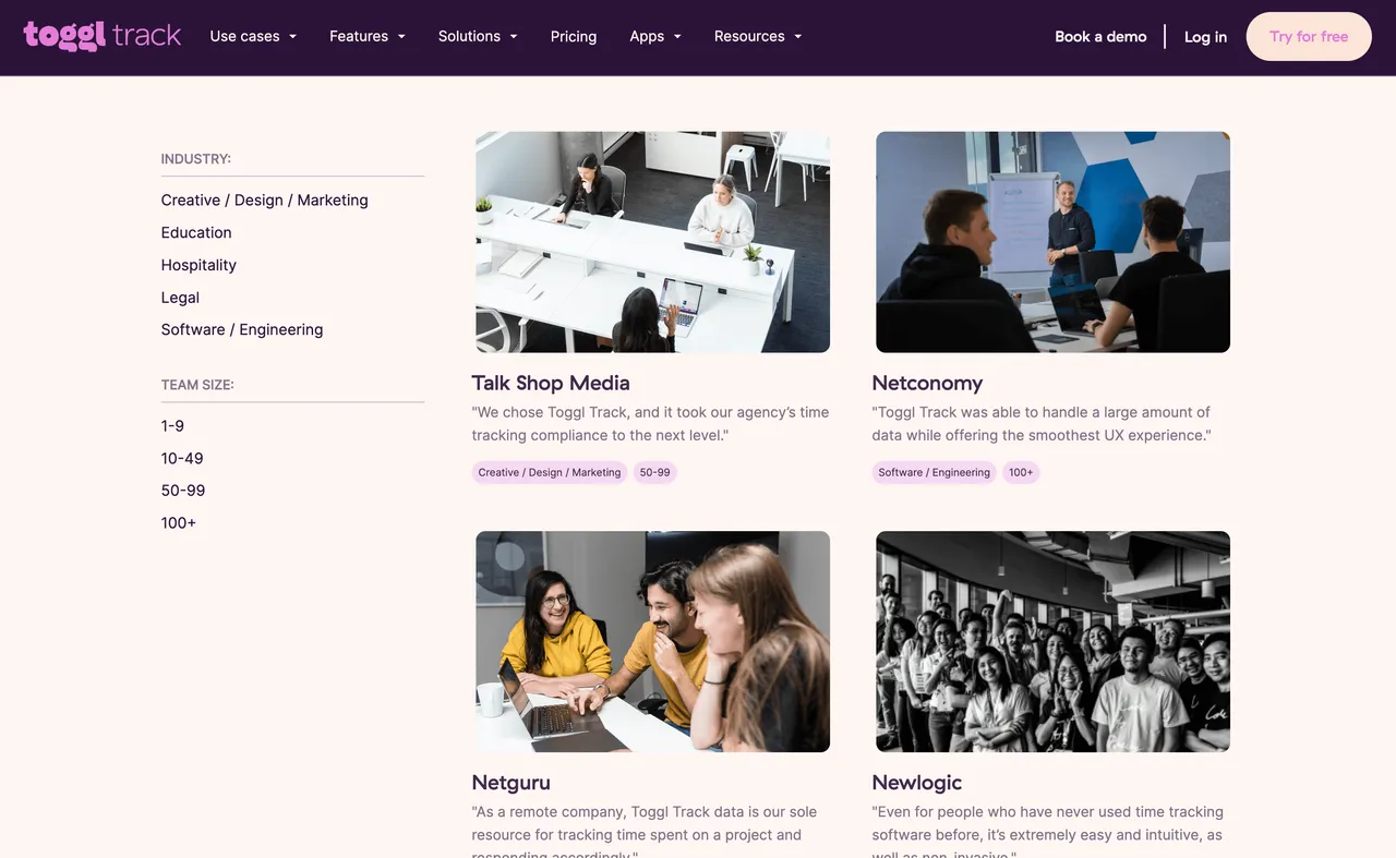 Brand example from Toggl showcasing social proof