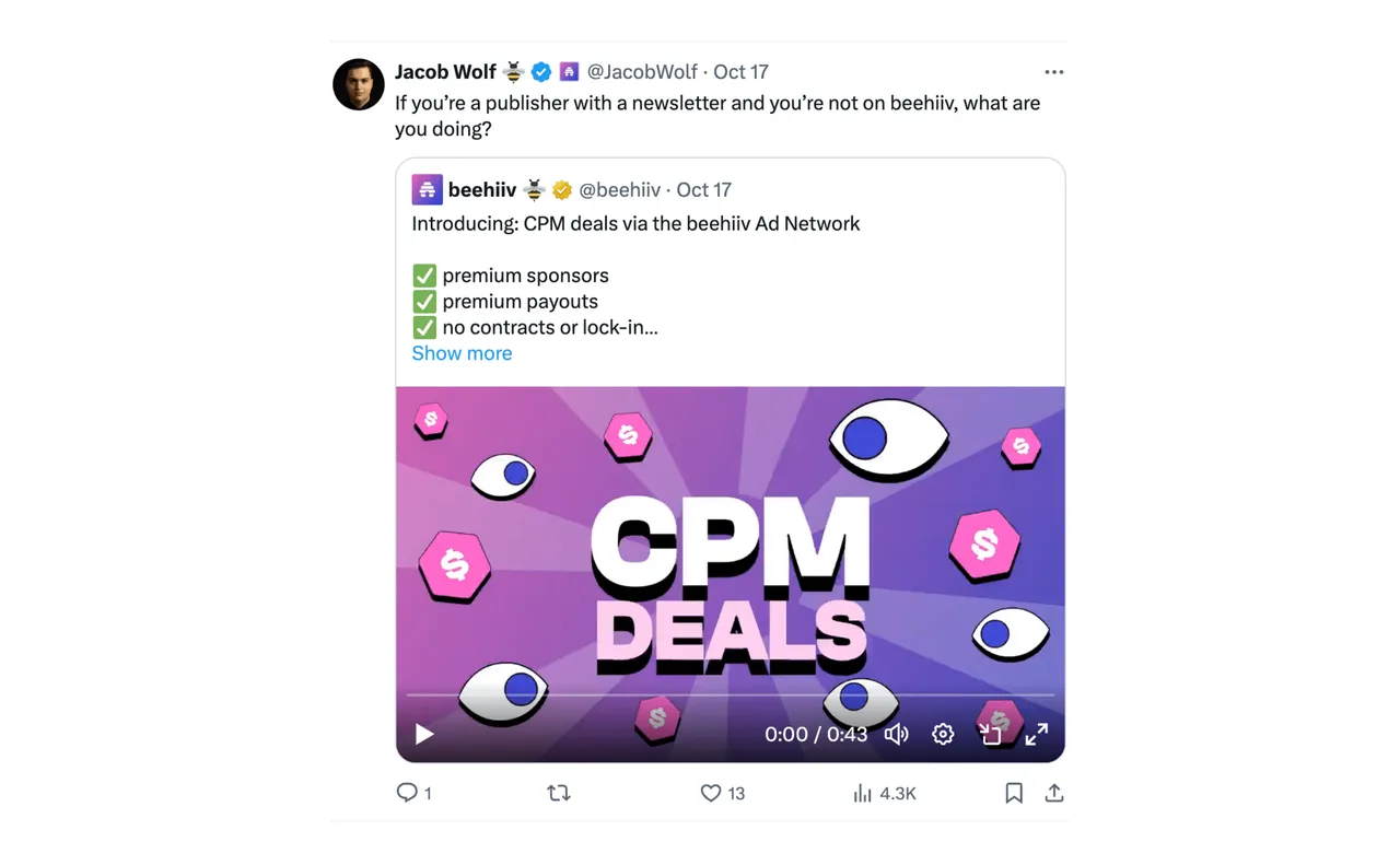 Brand example from Beehiiv showcasing social proof