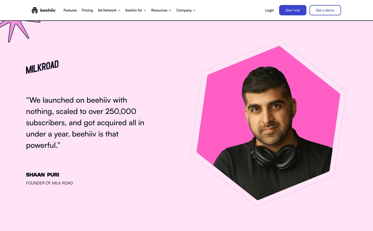 Brand example from Beehiiv showcasing social proof