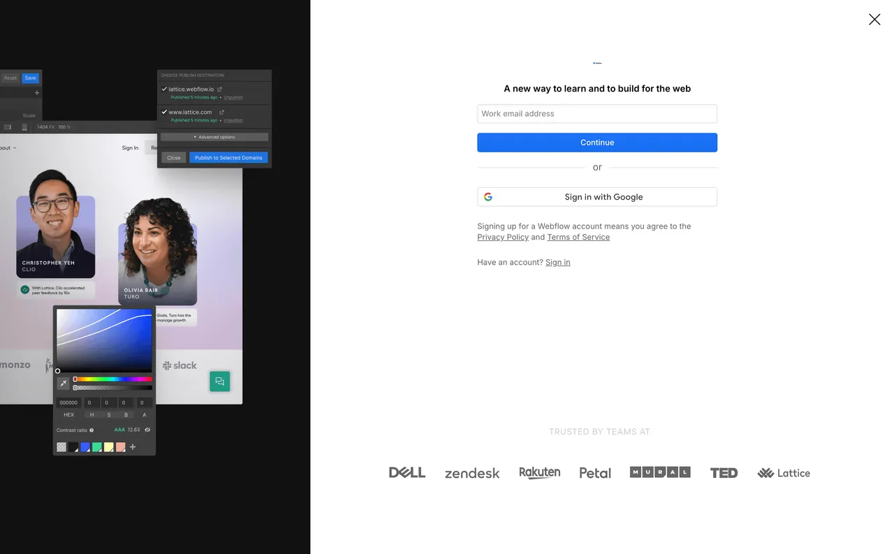 Brand example from Webflow showcasing social proof