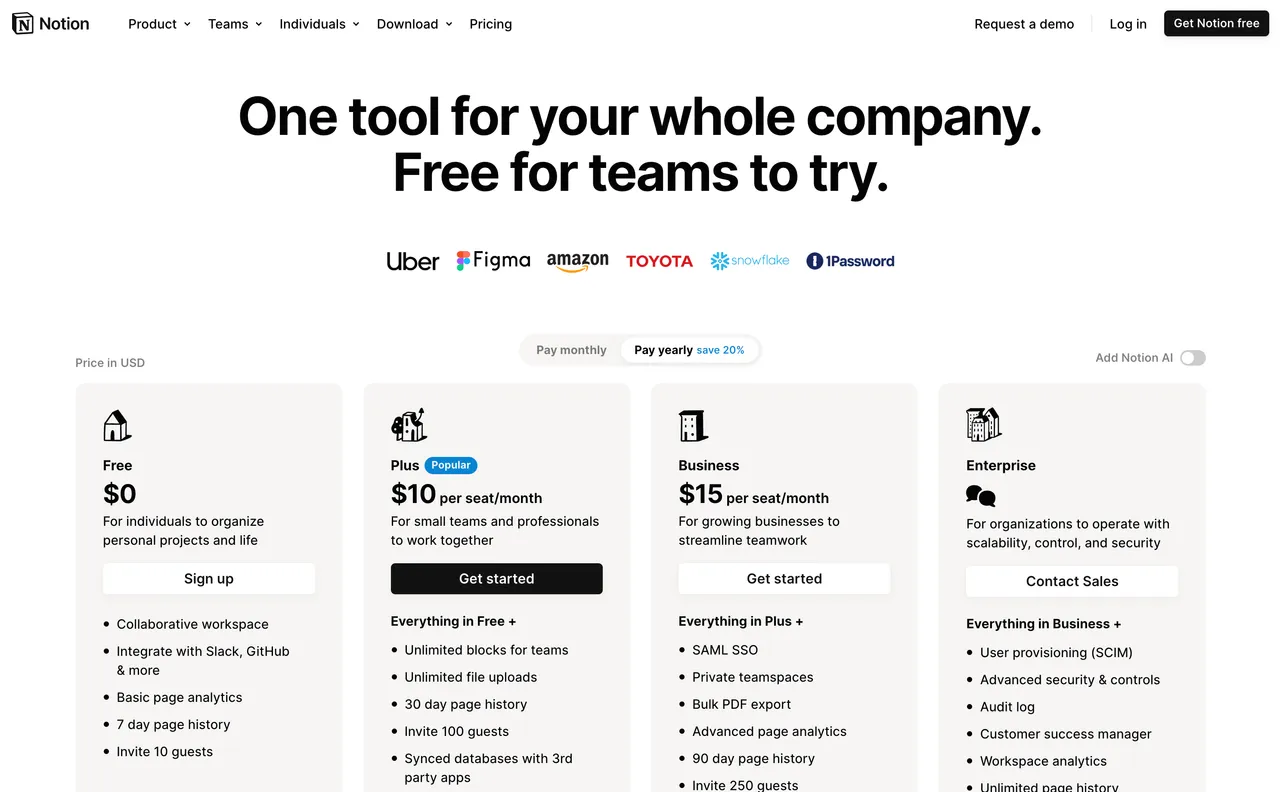 Brand example from Notion showcasing social proof