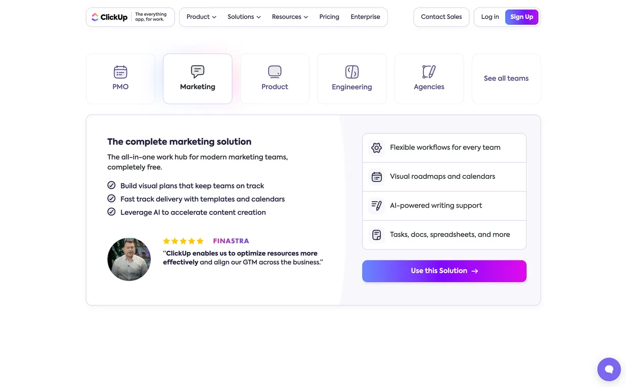 Brand example from ClickUp showcasing social proof