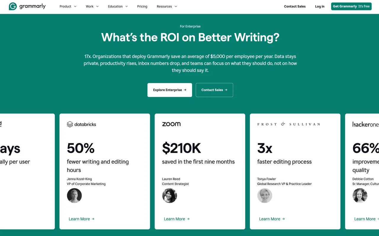 Brand example from Grammarly showcasing social proof