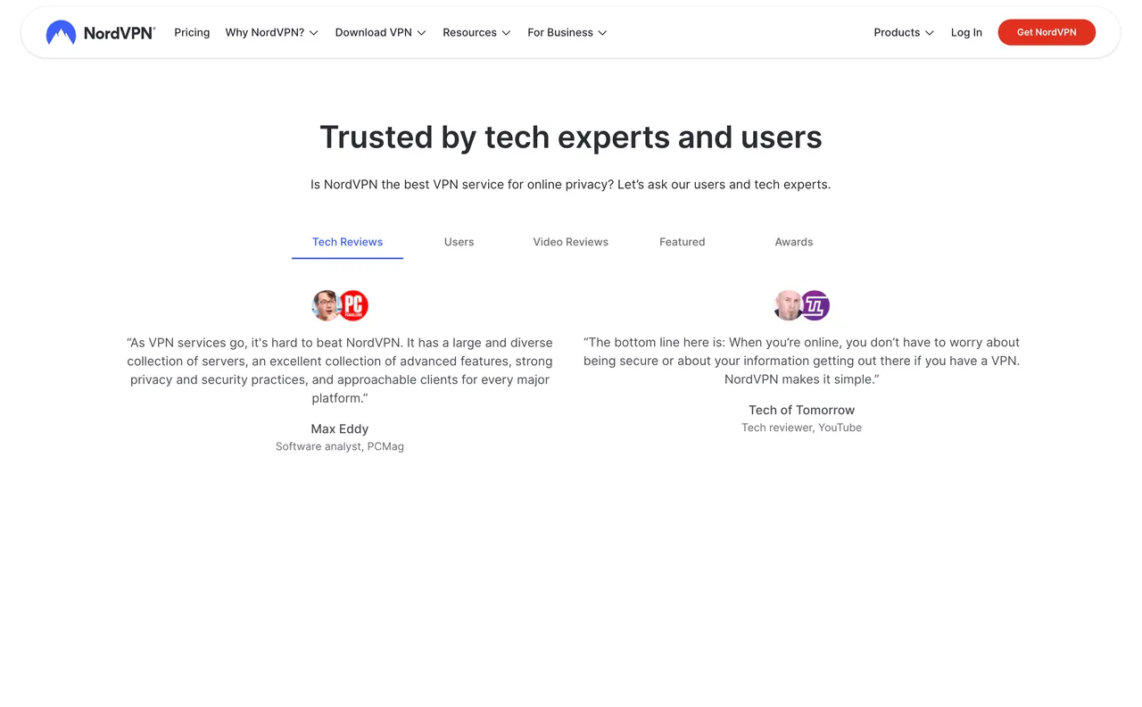 Brand example from NordVPN showcasing social proof