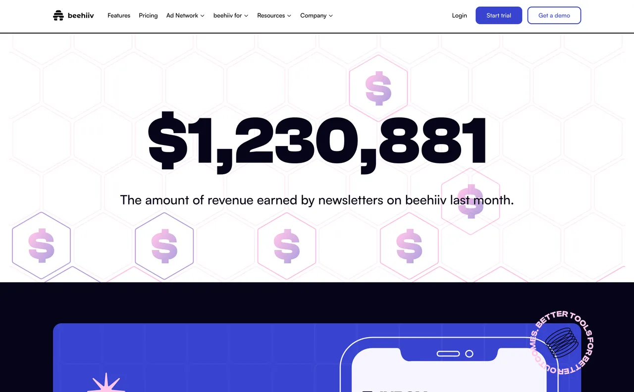 Brand example from Beehiiv showcasing social proof