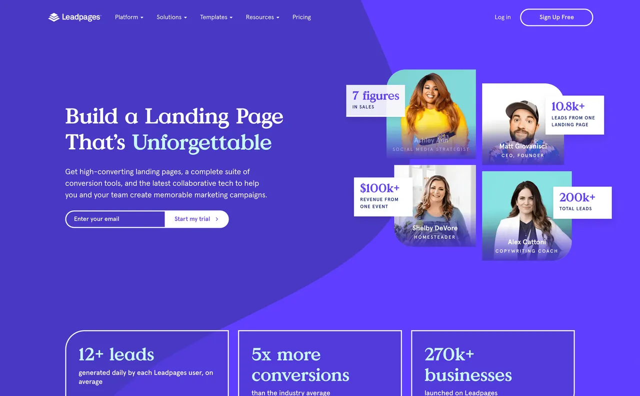 Brand example from Leadpages showcasing social proof