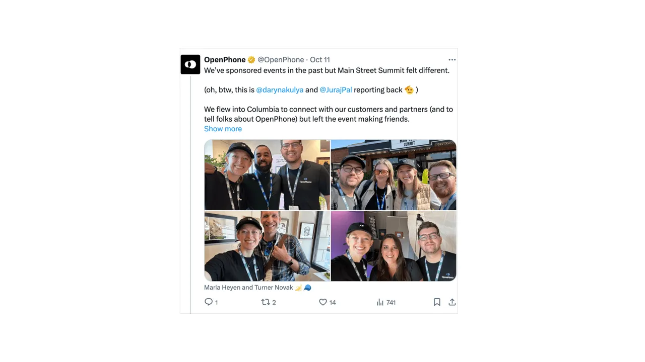 Brand example from OpenPhone showcasing social proof