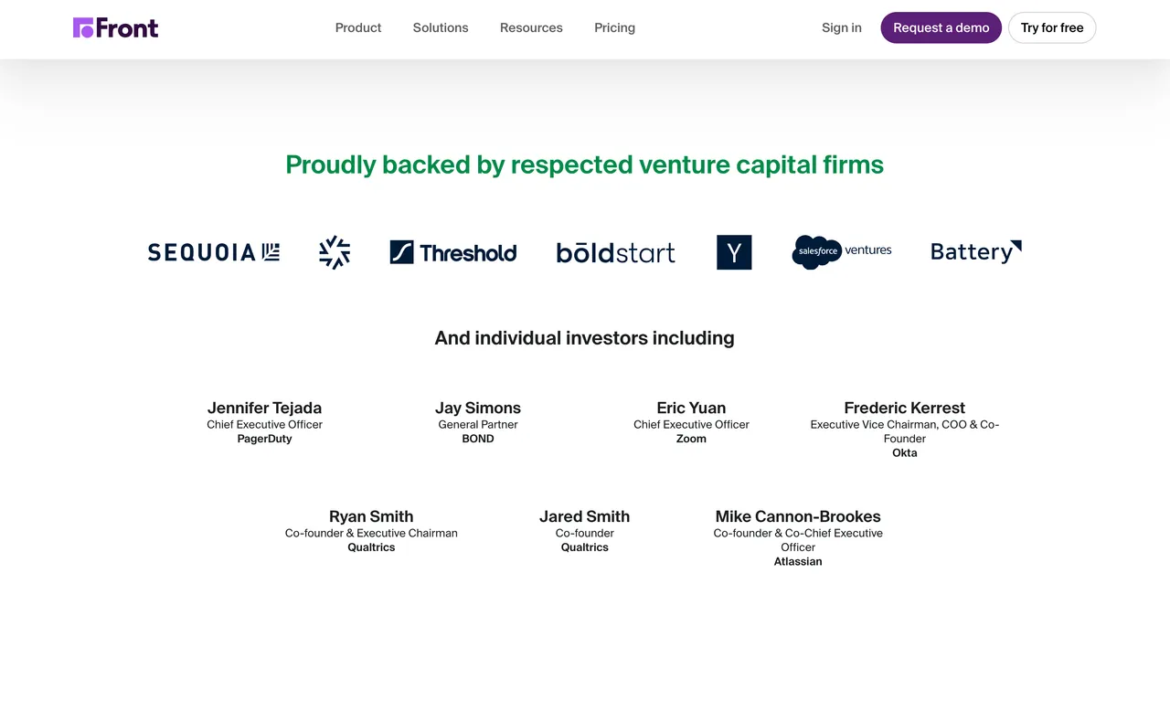 Brand example from Front showcasing social proof