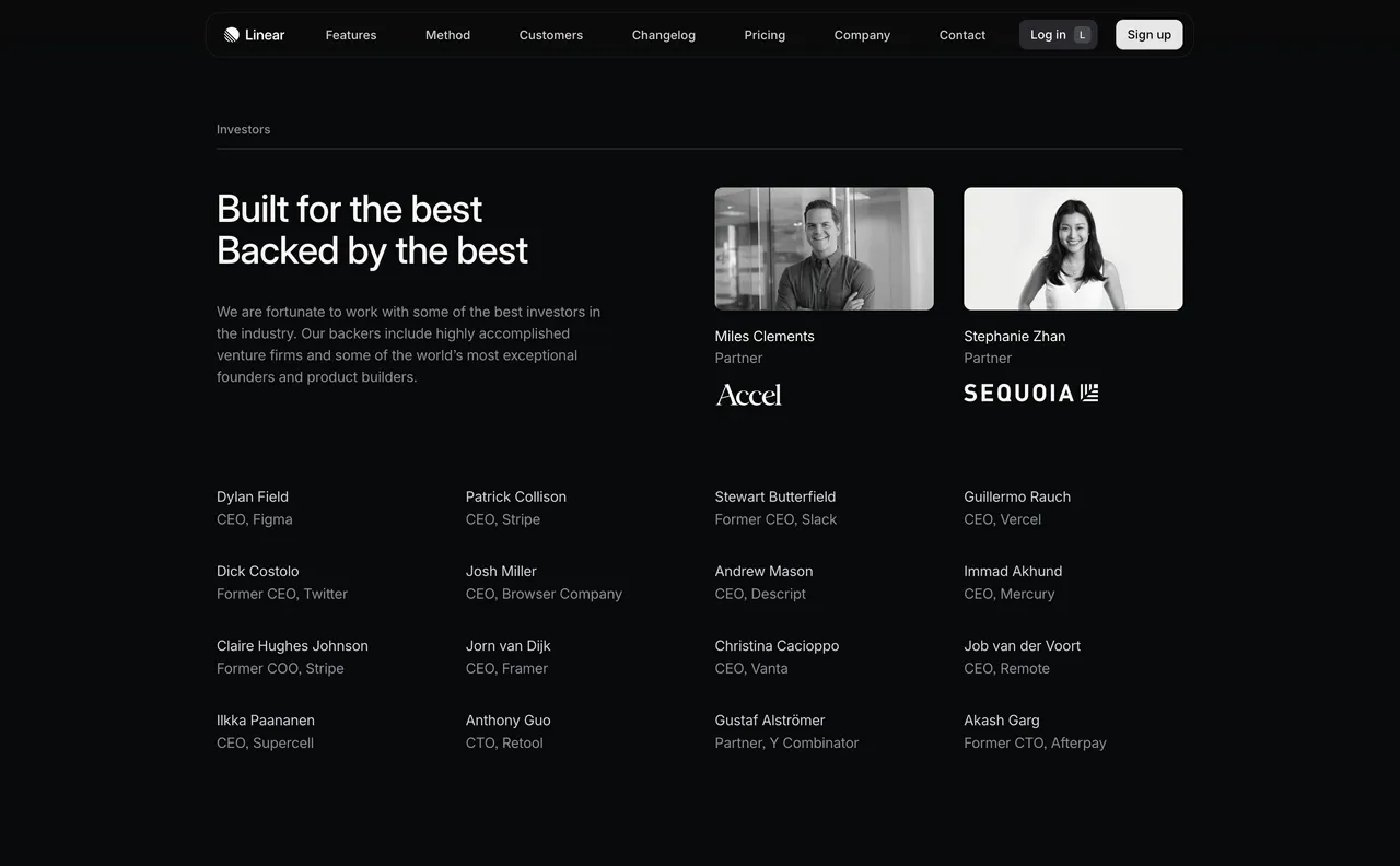 Brand example from Linear showcasing social proof