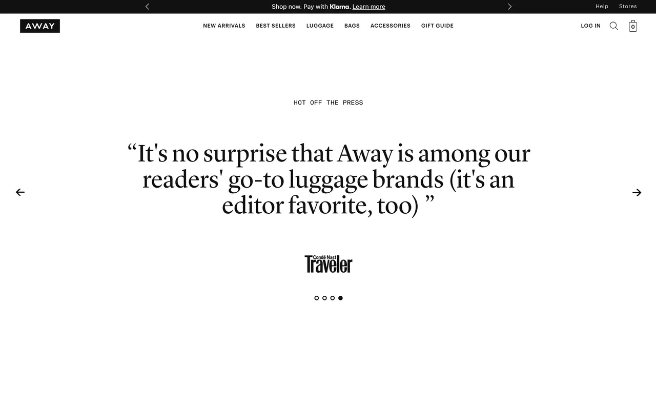 Brand example from Away showcasing social proof