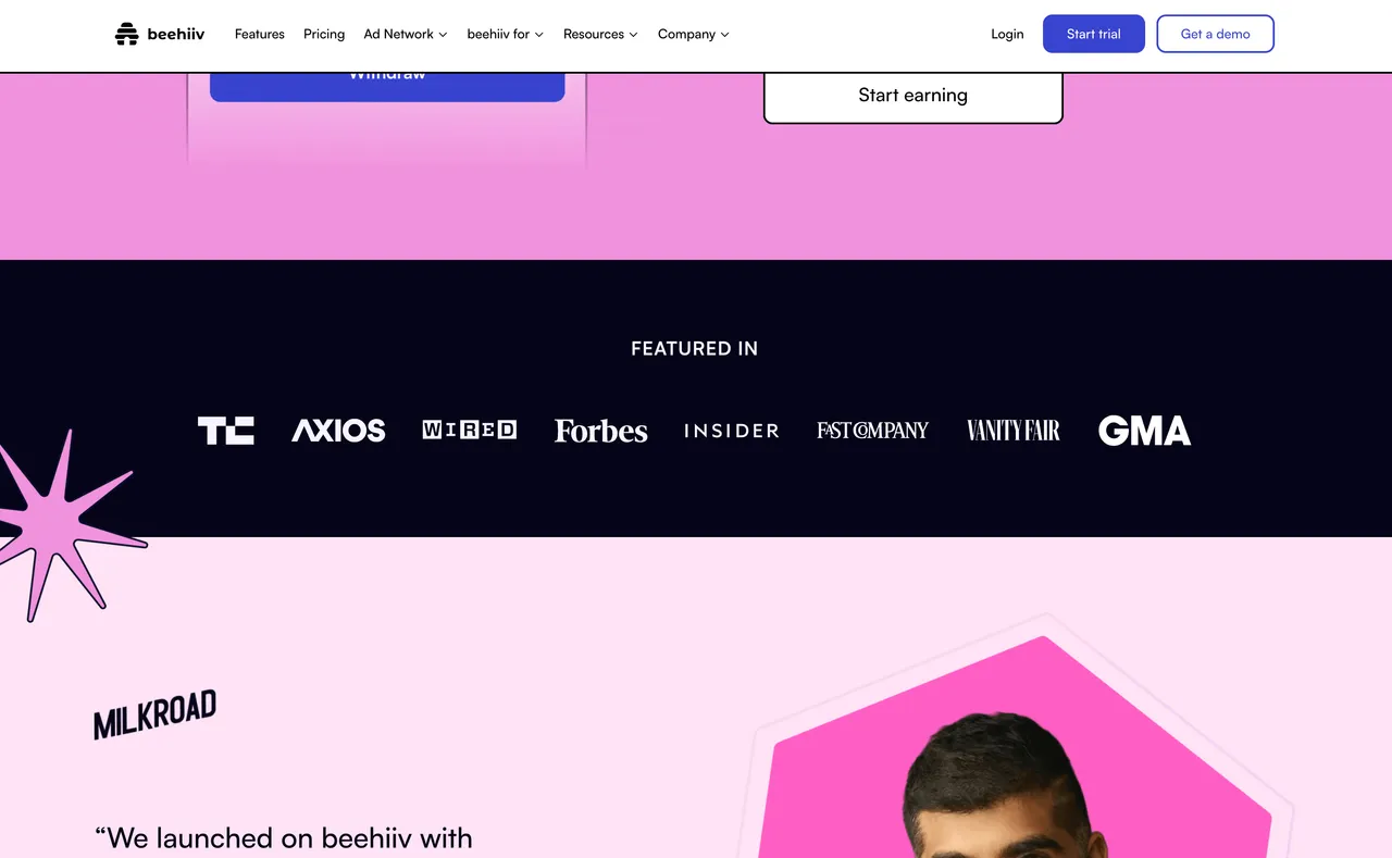 Brand example from Beehiiv showcasing social proof