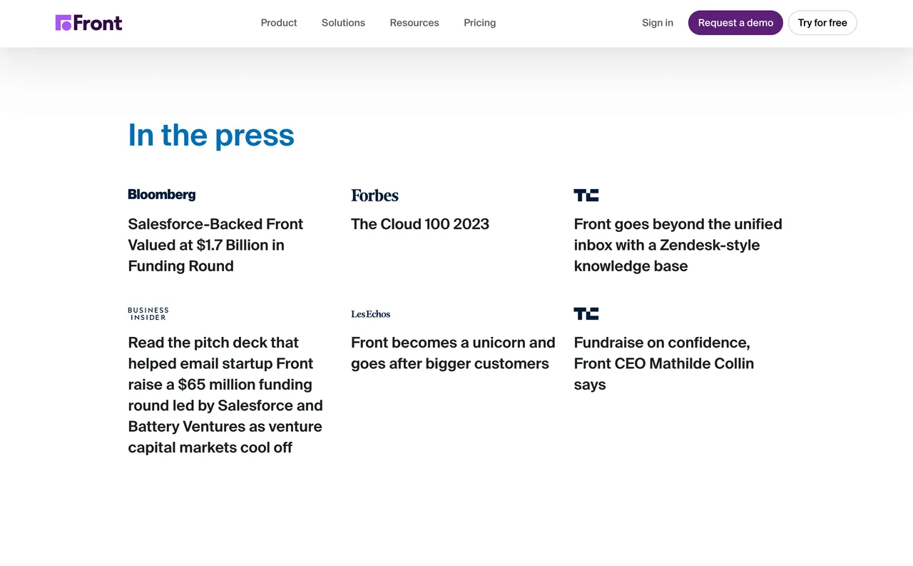 Brand example from Front showcasing social proof