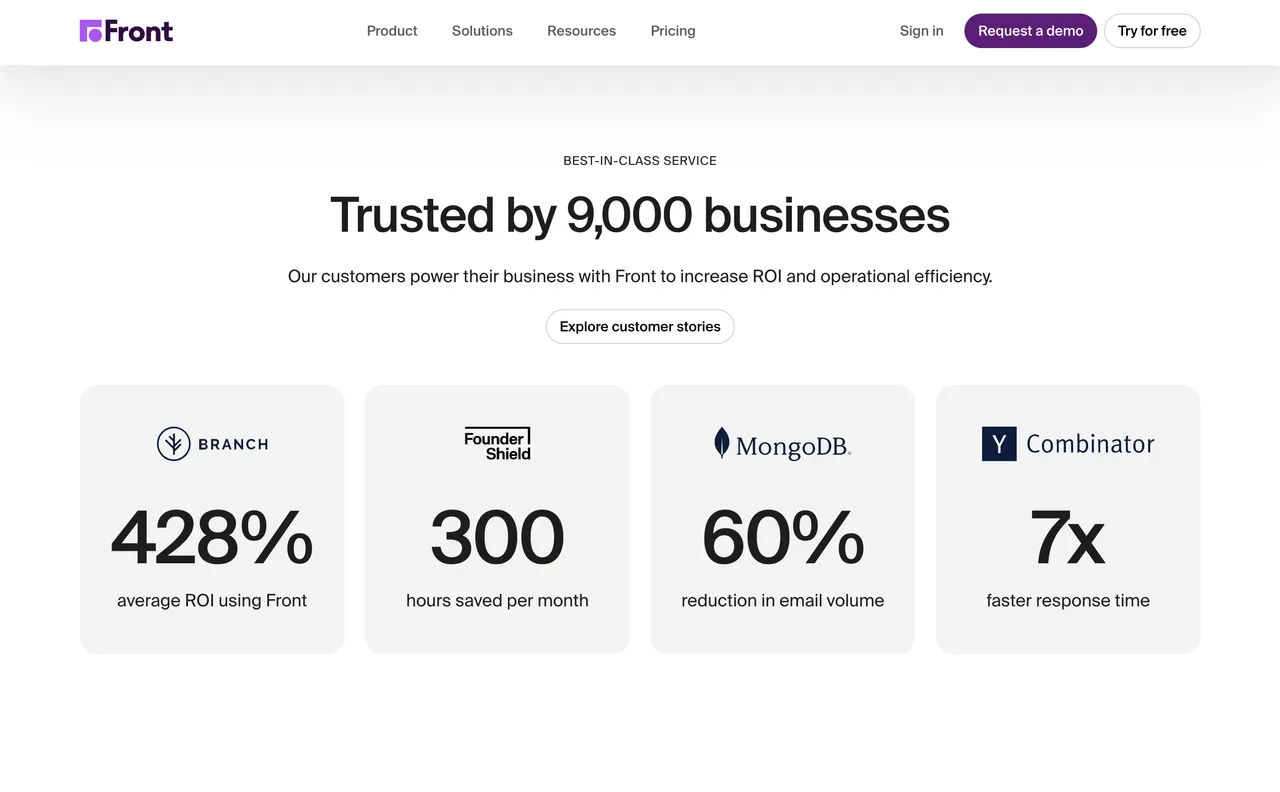 Brand example from Front showcasing social proof