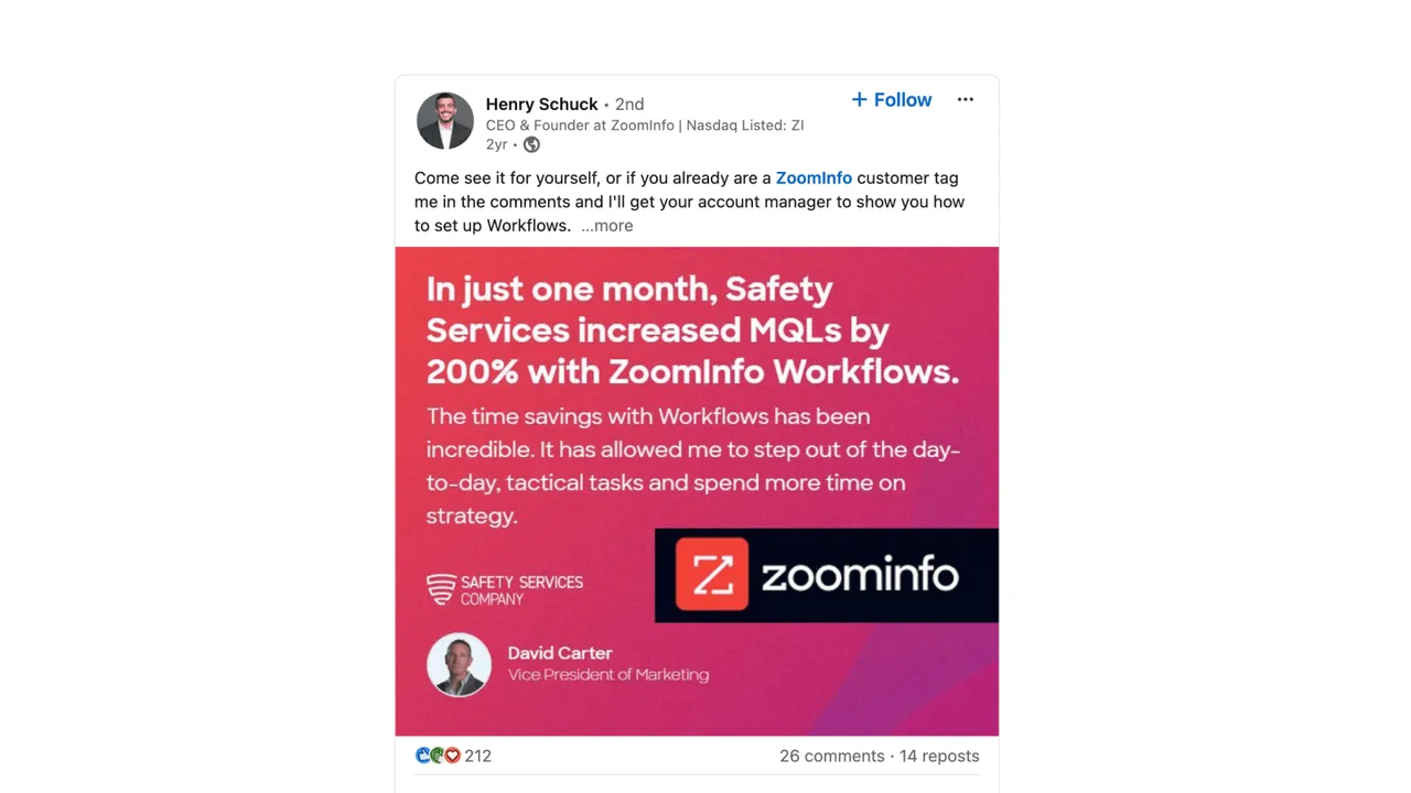 Brand example from Zoominfo showcasing social proof