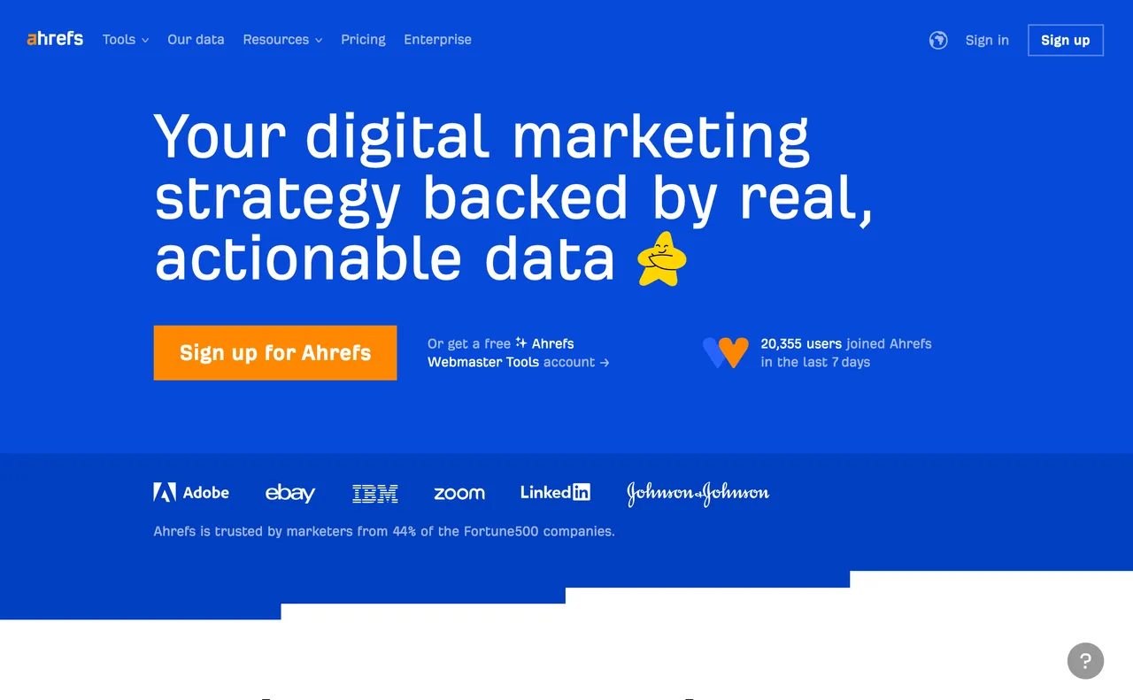 Brand example from Ahrefs showcasing social proof