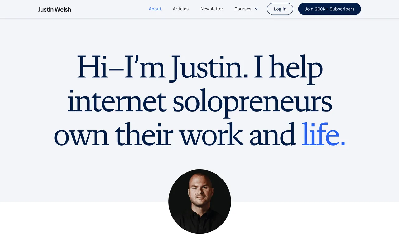 Brand example from Justin Welsh showcasing social proof