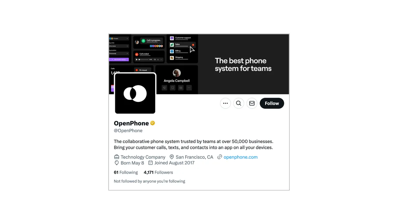 Brand example from Openphone showcasing social proof