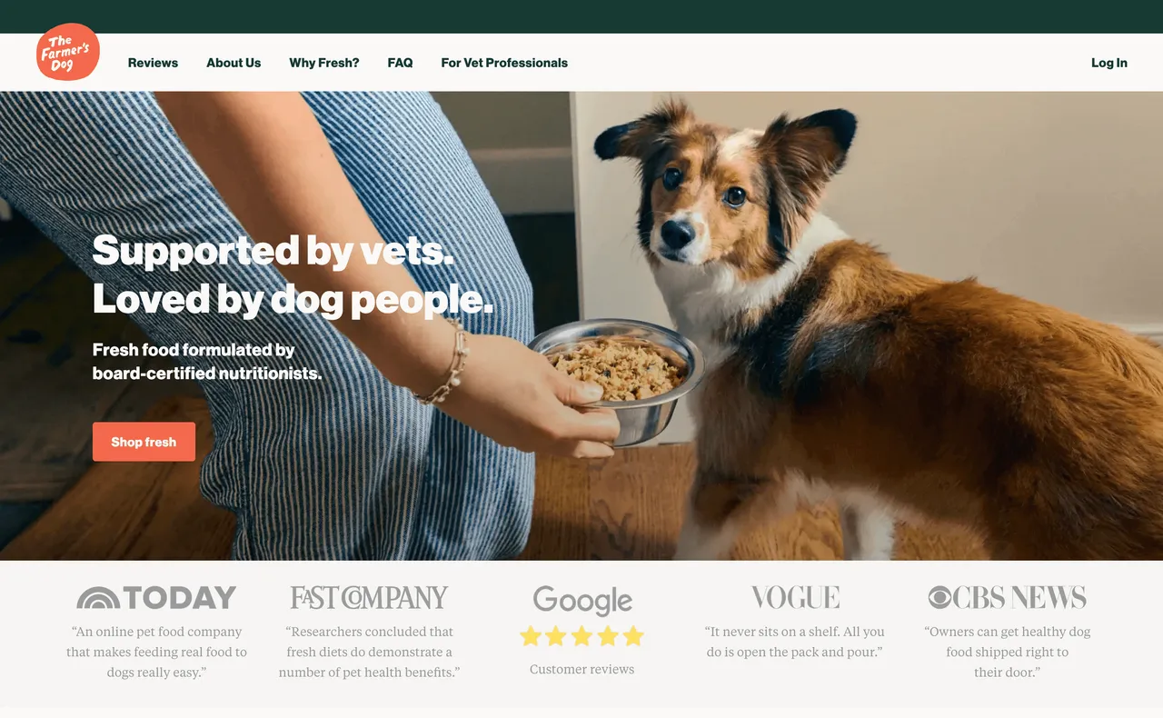 Brand example from The Farmer's Dog showcasing social proof
