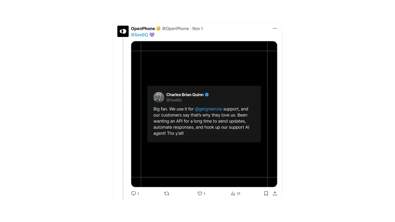 Brand example from Openphone showcasing social proof