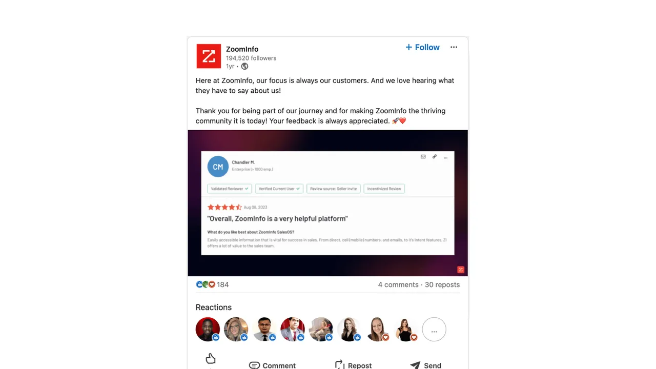 Brand example from Zoominfo showcasing social proof