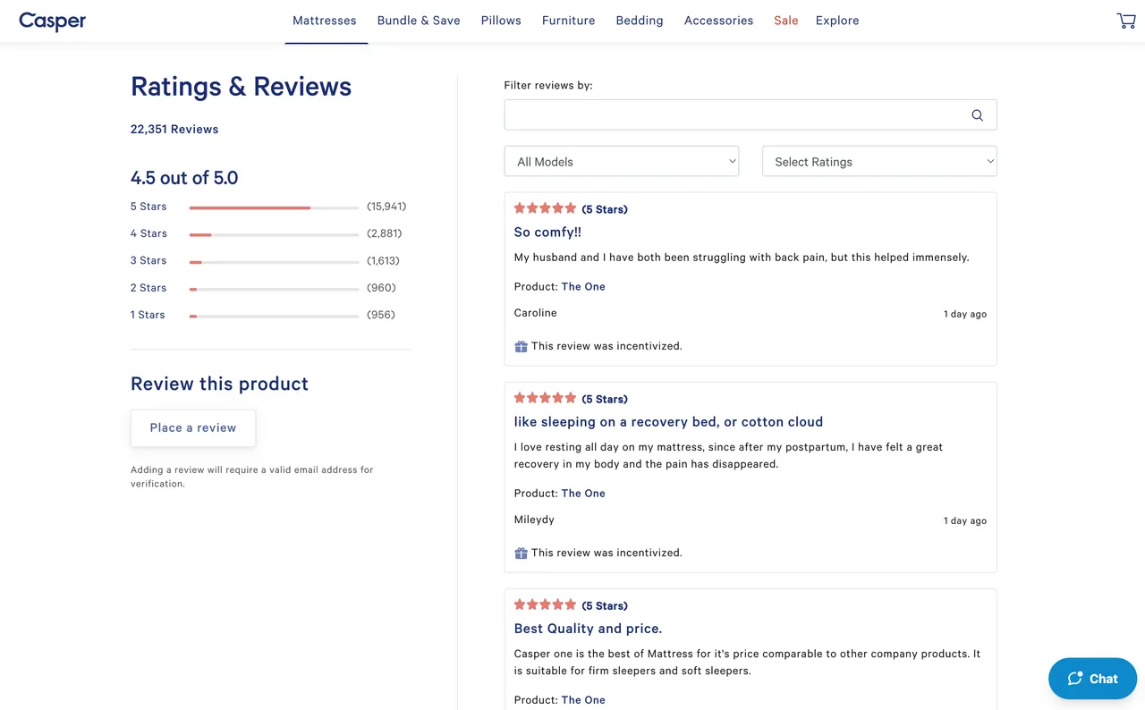 Brand example from Casper showcasing social proof