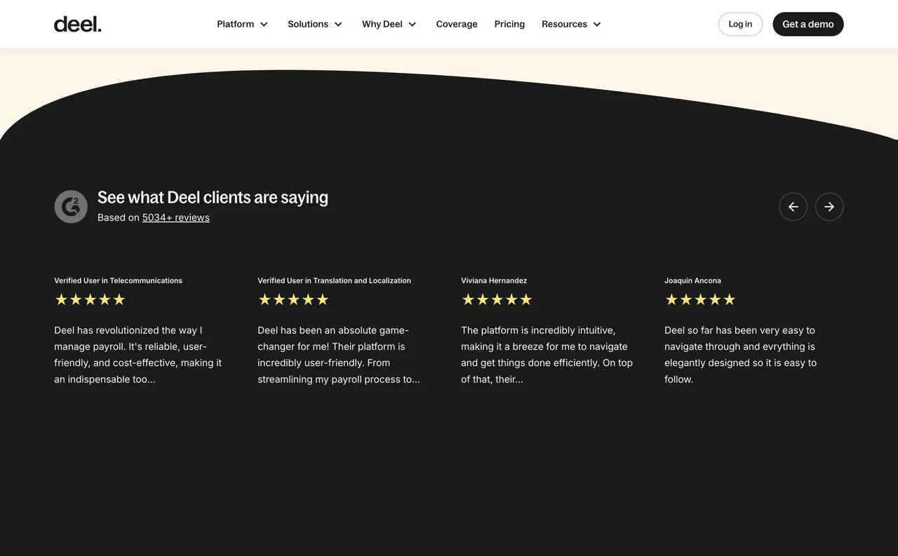 Brand example from Deel showcasing social proof