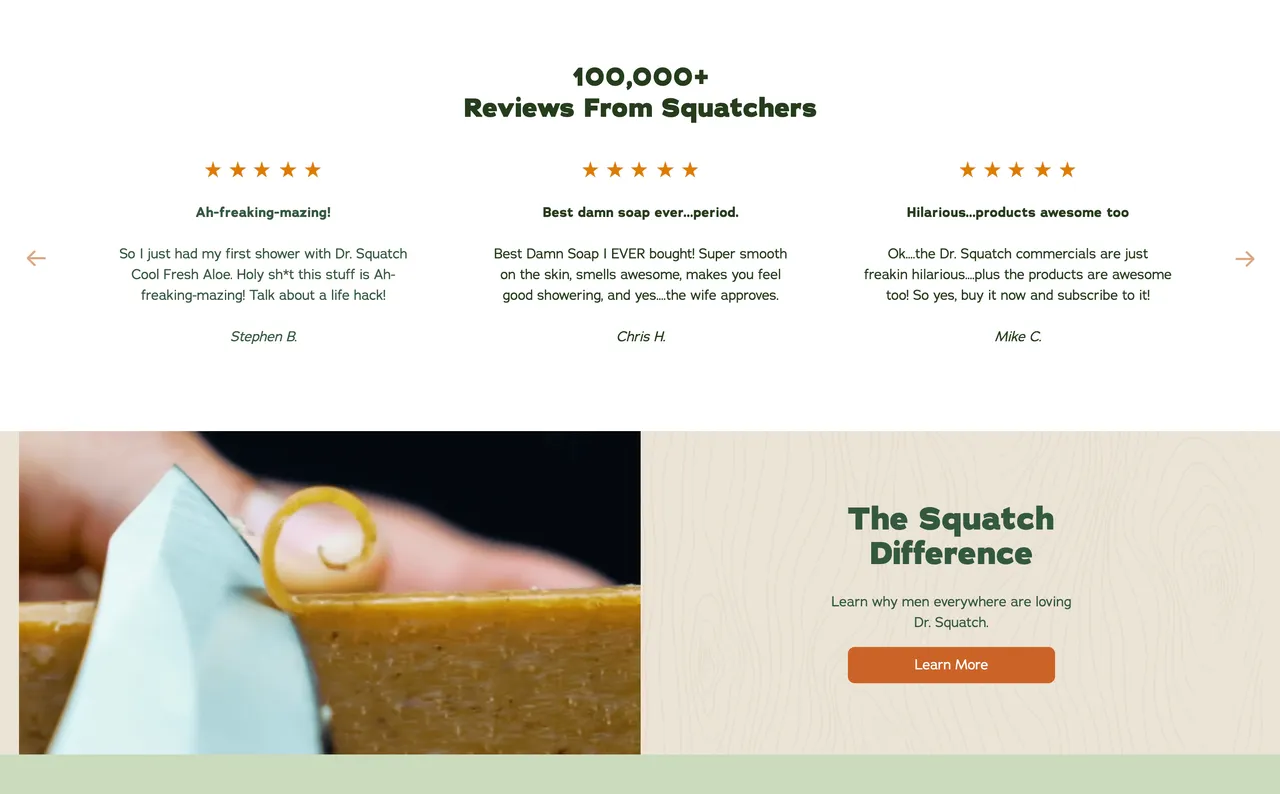 Brand example from Dr. Squatch showcasing social proof