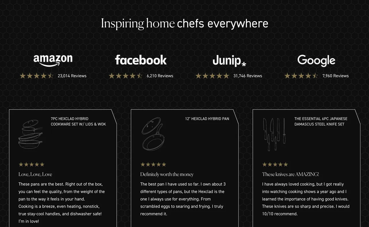 Brand example from Hexclad showcasing social proof