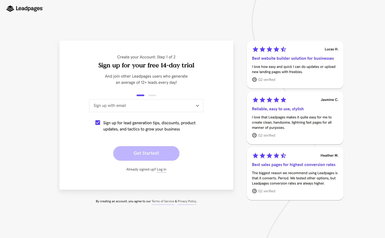 Brand example from Leadpages showcasing social proof