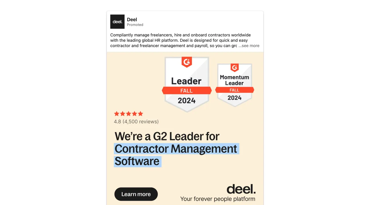 Brand example from Deel showcasing social proof