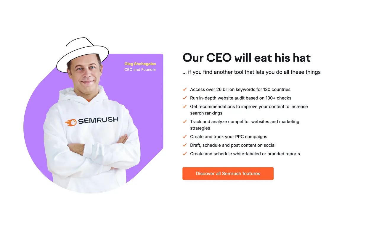 Brand example from Semrush showcasing social proof