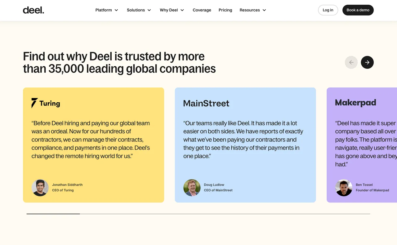 Brand example from Deel showcasing social proof