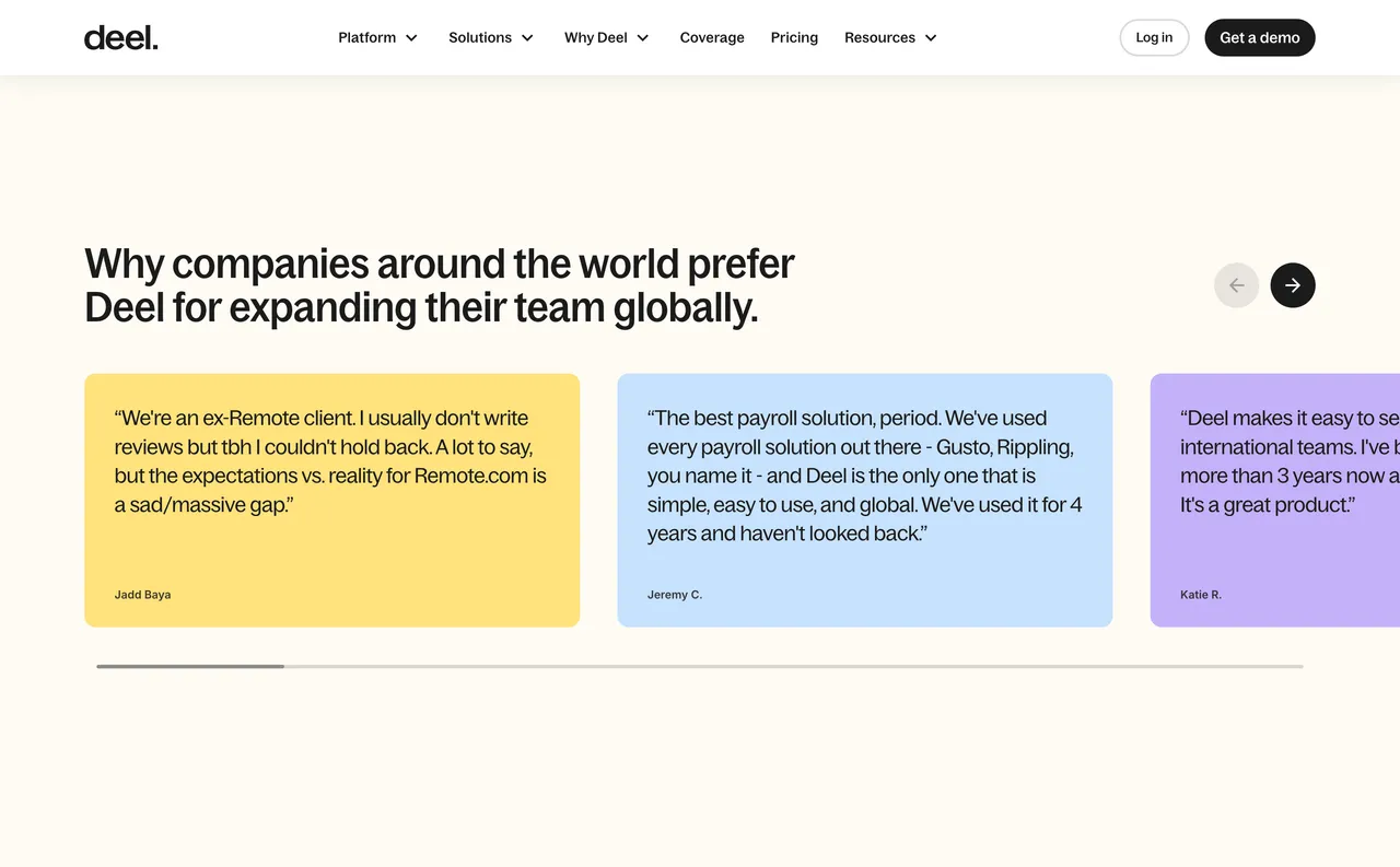 Brand example from Deel showcasing social proof
