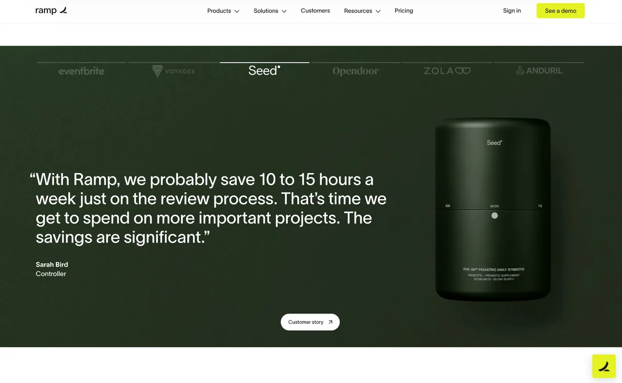 Brand example from Ramp showcasing social proof