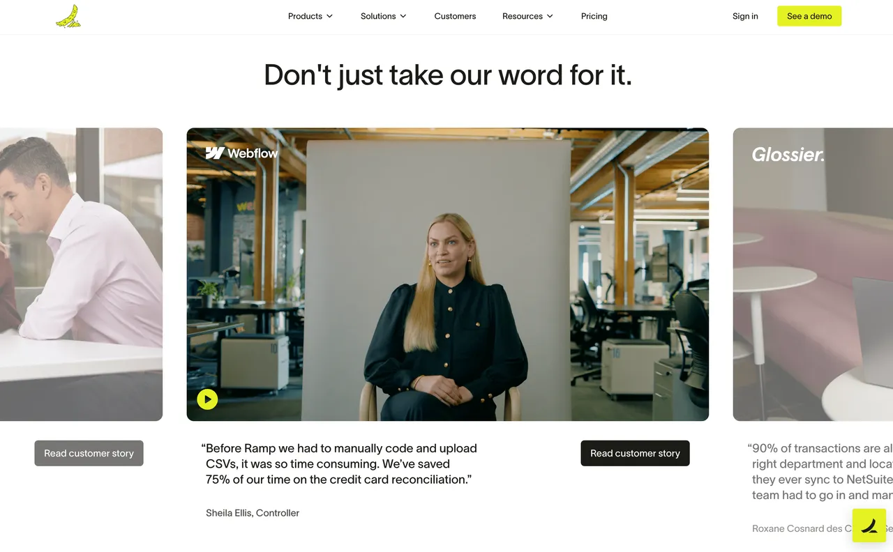 Brand example from Ramp showcasing social proof