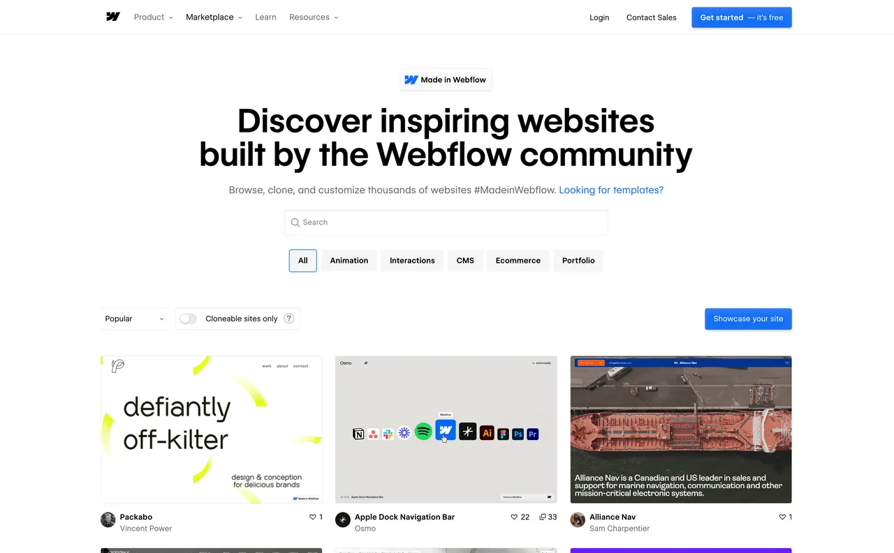 Brand example from Webflow showcasing social proof