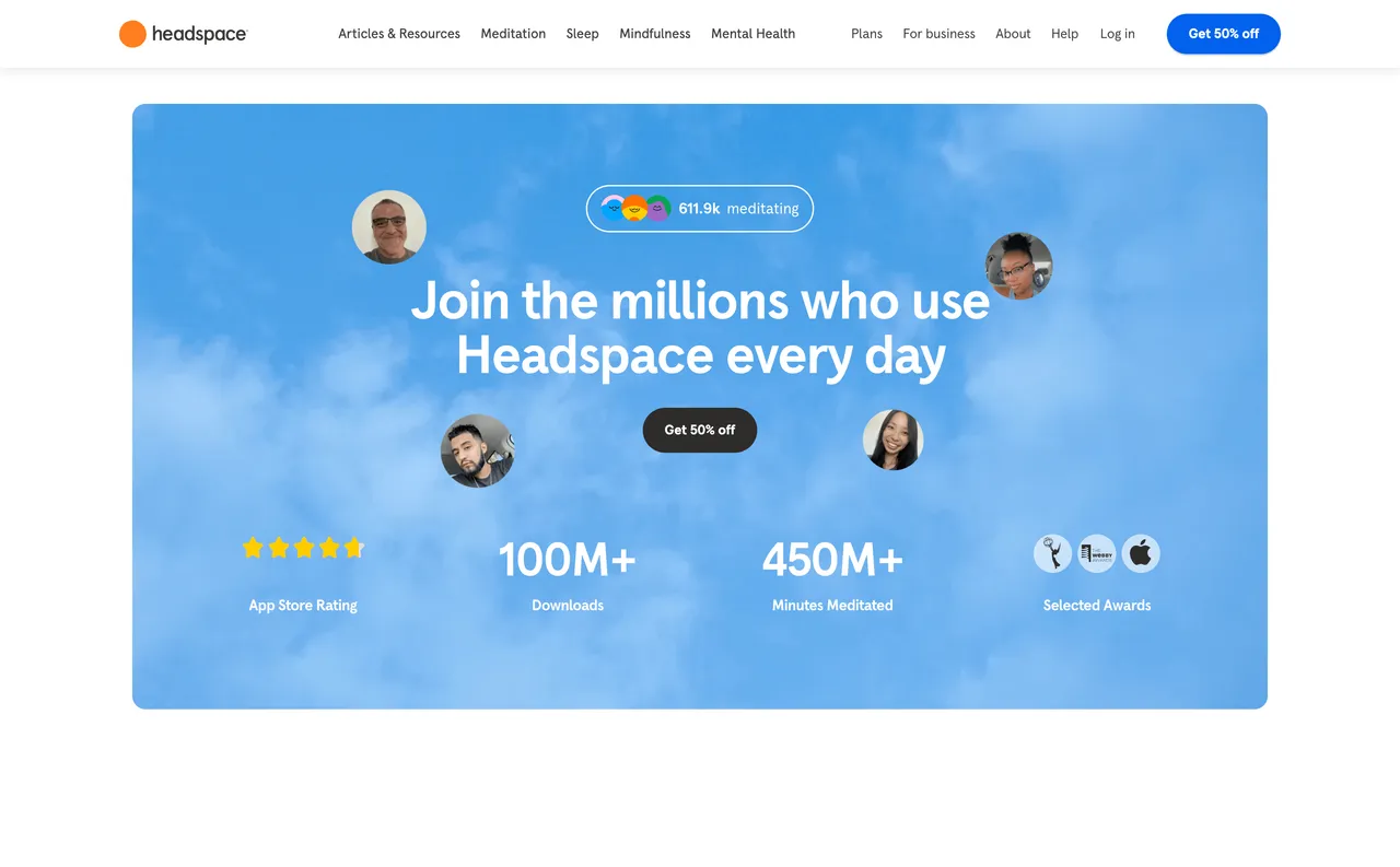 Brand example from Headspace showcasing social proof