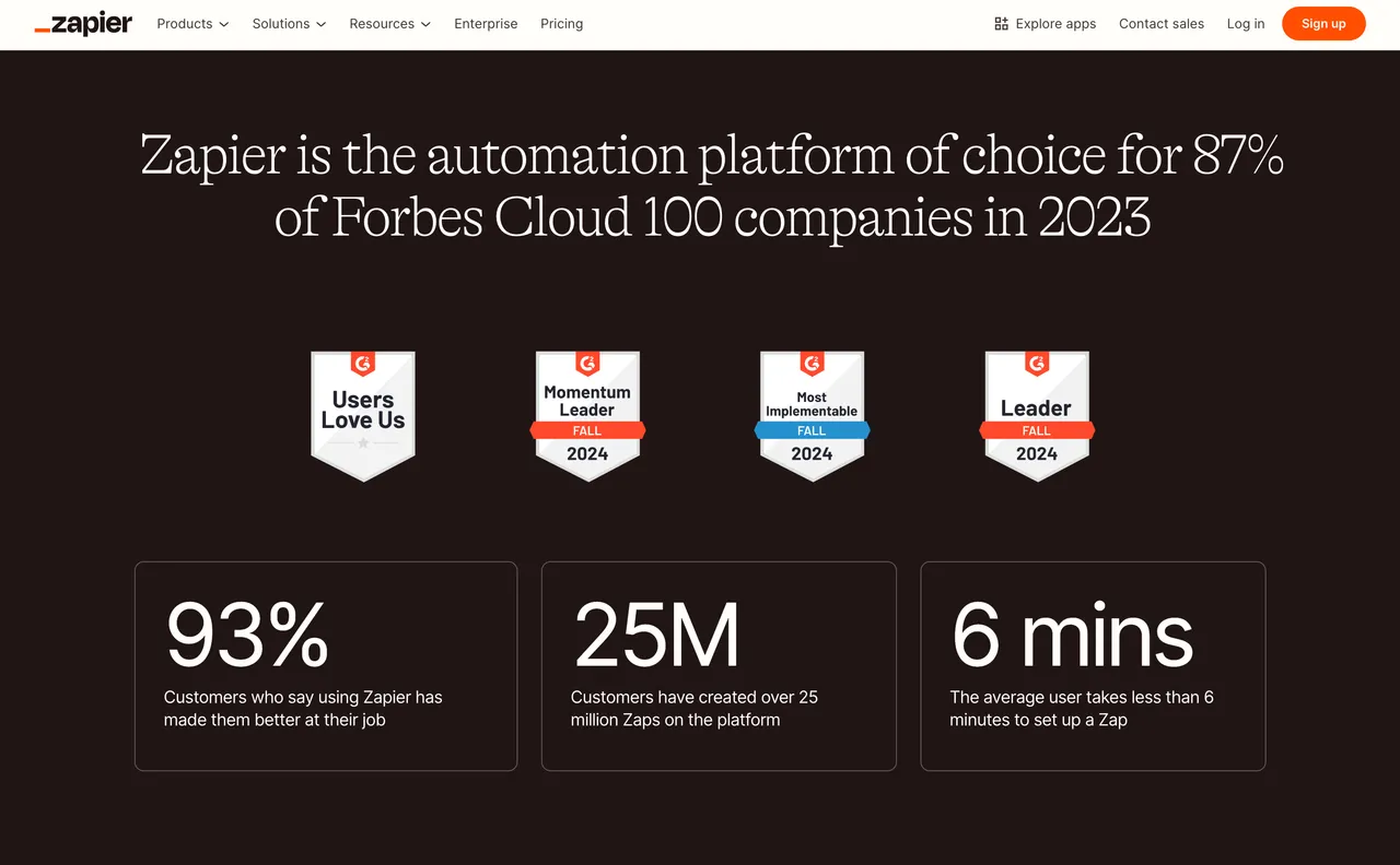 Brand example from Zapier showcasing social proof